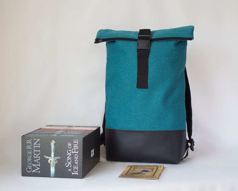 Turquoise roll top backpack vegan leather, Large roll top backpack, Minimalist waterproof backpack image 8