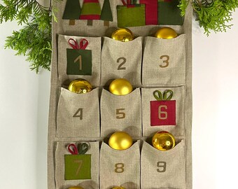 Calendario de Adviento grande de lino con bolsillos grandes, decoración navideña hecha a mano, regalo personalizado
