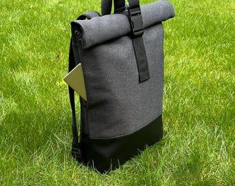 Canvas Rolltop Backpack: Vegan Rucksack, Laptop Bag, Personalized ,Sac à Dos