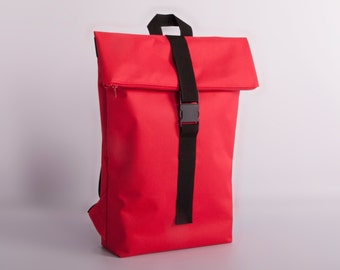 Red backpack, Rolltop backpack, Laptop backpack, Backpack waterproof, Fold top backpack, Water resistant bag, Travel packbag, Vegan bag