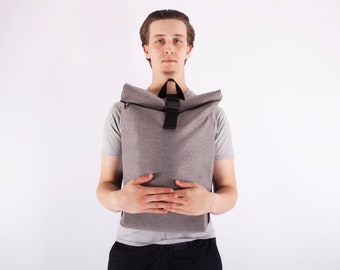 Canvas Rolltop Backpack: Water-Resistant Grey Folding Backpack, Personalized