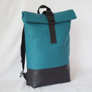 Turquoise roll top backpack vegan leather, Large roll top backpack, Minimalist waterproof backpack image 1