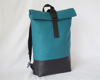 Turquoise roll top backpack vegan leather, Large roll top backpack, Minimalist waterproof backpack