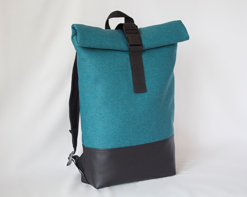 Turquoise roll top backpack vegan leather, Large roll top backpack, Minimalist waterproof backpack image 1