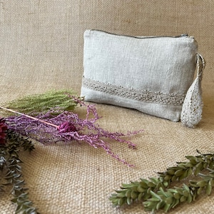 Bolsa de cosméticos - clutch feita de linho natural com acabamento em renda, bolsa de cosméticos de linho com duas camadas, sustentável, 3 modelos, melhor presente, FRETE GRÁTIS!