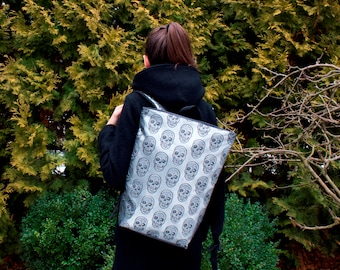 Skull backpack, Waterproof backpack, Silver backpack, Faux leather bag