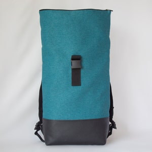 Turquoise roll top backpack vegan leather, Large roll top backpack, Minimalist waterproof backpack image 5