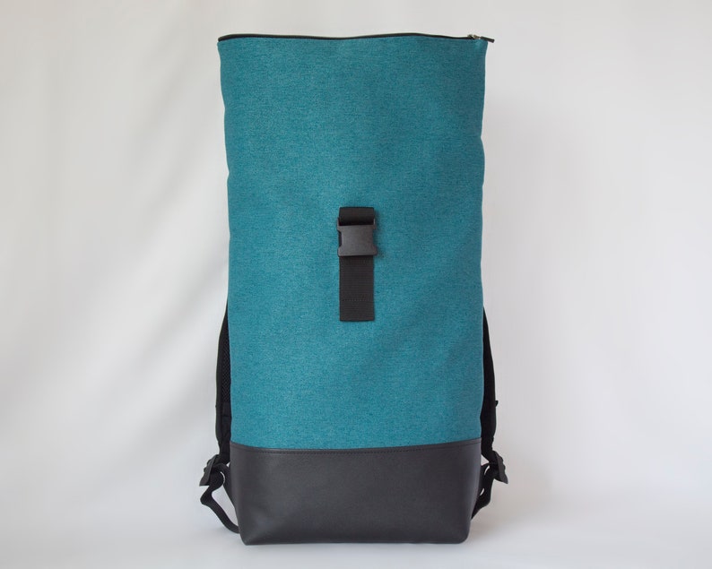 Turquoise roll top backpack vegan leather, Large roll top backpack, Minimalist waterproof backpack image 5