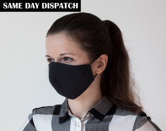 Schwarze Gesichtsmaske, Waschbare Maske, 100% Baumwolle Gesichtsmaske, Wiederverwendbare Maske, Mundbedeckung Maske, 3 Lagen, Schwarze Farbmaske - VERSANDFERTIG