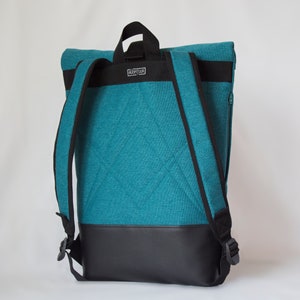 Turquoise roll top backpack vegan leather, Large roll top backpack, Minimalist waterproof backpack image 3