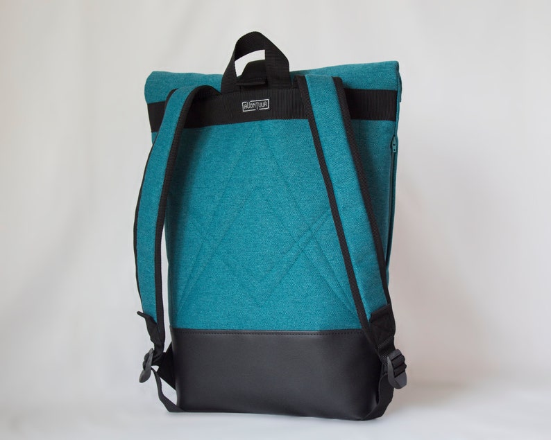 Turquoise roll top backpack vegan leather, Large roll top backpack, Minimalist waterproof backpack image 3