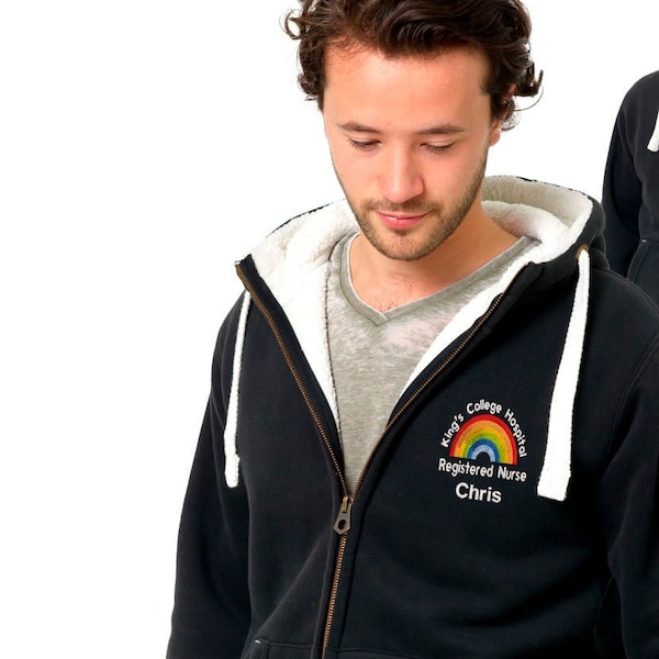 NHS Rainbow Fleece Hoodie, Sherpa Fleece Zipped Hoodie Designed for Nurses and NHS workers, Personalised with Embroidery, NHS Rainbow Hoodie