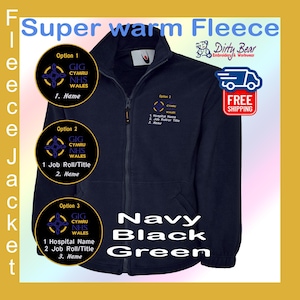 May include: Navy blue fleece jacket with a full zipper and two front pockets. The jacket features embroidered logos and text, including "Super warm Fleece" and "Dirty Bear Embroidery & Workwear". Options for customization are displayed on the jacket.
