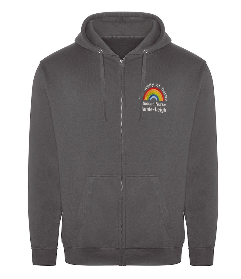 Plus Size NHS Rainbow Zipped Hoodie – Personalized Embroidery, 2XL-4XL Charcoal