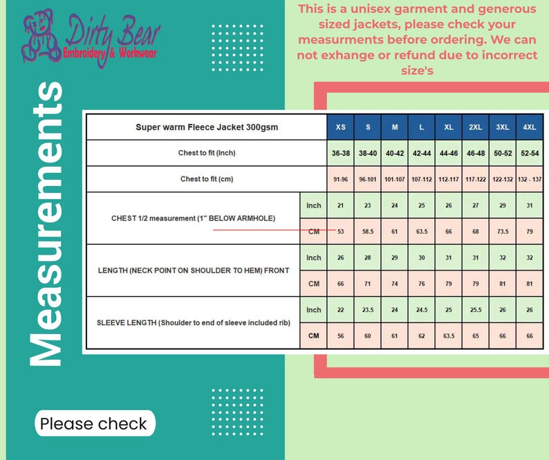 K&ouml;nnte beinhalten: Eine Ma&szlig;tabelle f&uuml;r eine Unisex-Fleecejacke mit Brust- und &Auml;rmell&auml;ngen in Zentimetern und Zoll. Die Tabelle befindet sich auf einem tealfarbenen Hintergrund mit dem Dirty Bear-Logo und dem Wort "Measurements".