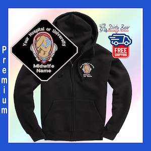 Könnte beinhalten: Schwarzer Kapuzenpullover mit Reißverschluss und einem individuell bestickten Aufnäher mit einer medizinischen Illustration und Text. Der Aufnäher lautet "Your Hospital or University" und "Midwife Name". Eine kleinere Version des Designs befindet sich auf der Brust.