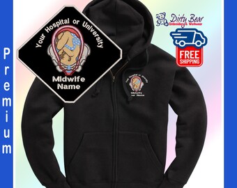 Premium NHS Midwife's Full zipped hoodie-Baby in womb embriodery personalised for your work-Premium Heavyweight hoodie 300gsm-Midwife staff