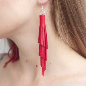 Red Tassel Earrings, Statement Leather Earrings, Leather Fringe Earrings, Long Red Earrings, Long Boho Earrings