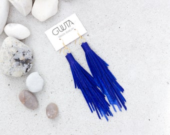 Royal Blue Leather Earrings, Long Tassel Earrings, Cobalt Blue Earrings, Blue Leather Tassel Earrings, Cobalt Blue Statement Earrings