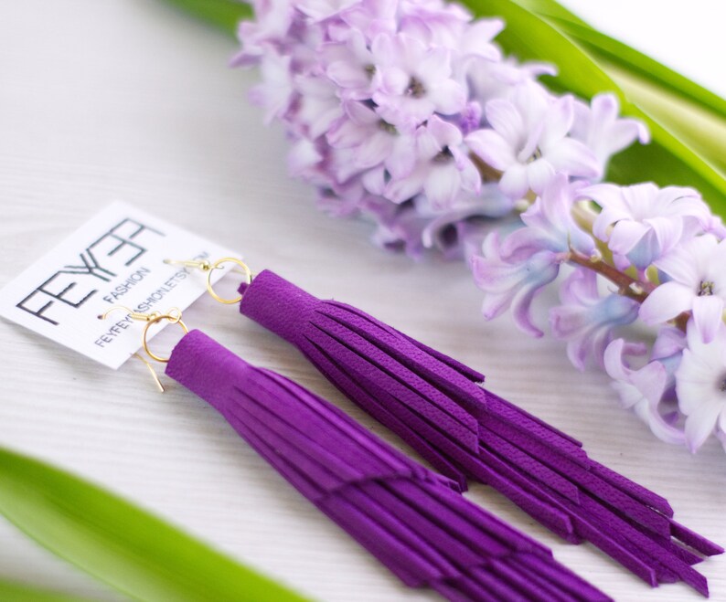 Purple Statement Earrings Leather Tassel Earrings Boho Etsy