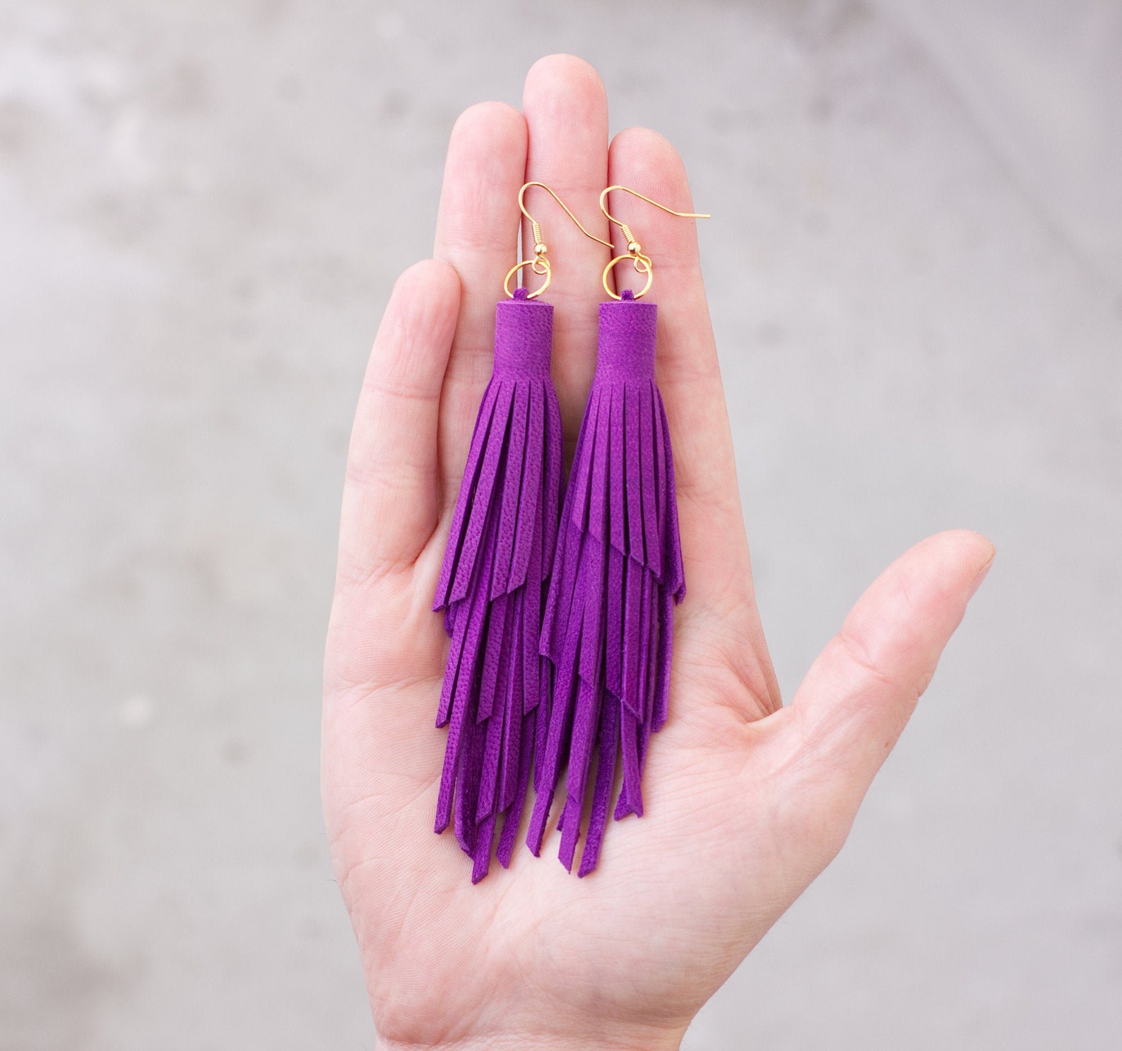 Purple Statement Earrings Leather Tassel Earrings Boho Etsy