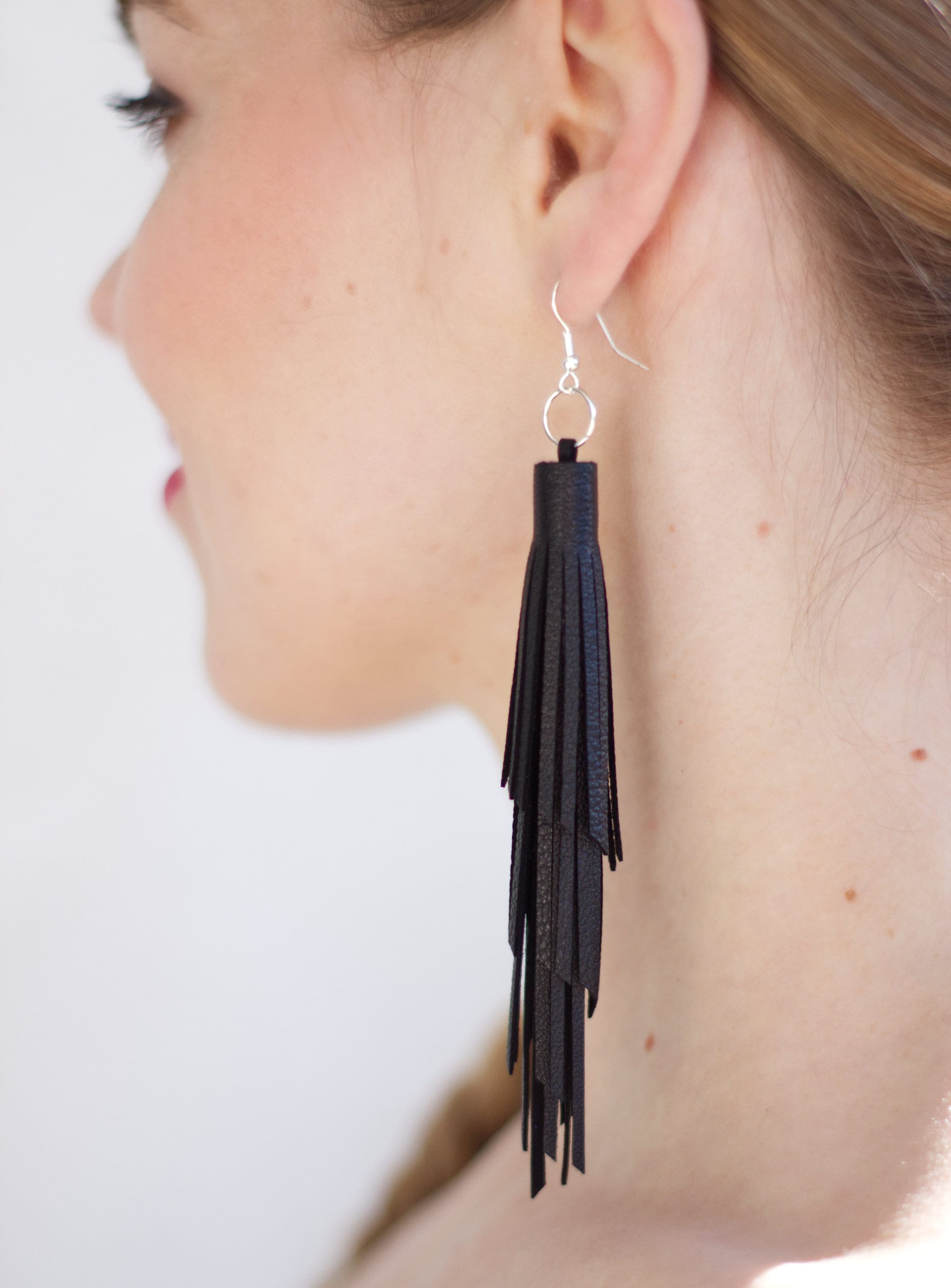 Black Leather Earrings in Boho Style, Leather Tassel Earrings, Black ...