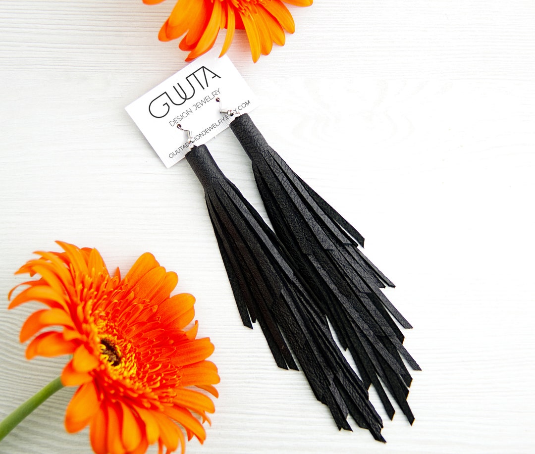 Black Leather Earrings in Boho Style, Leather Tassel Earrings, Black ...