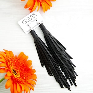 Black Leather Earrings in Boho Style, Leather Tassel Earrings, Black Statement Earrings
