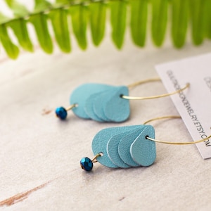 Petal Earrings with Crystal, Leather Earrings Multi-Strand, Droplet Hoop Earrings, Teardrop Earrings, Daisy Petal Hoop Earrings