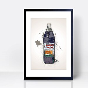 May include: A vintage-style illustration of a glass bottle of Barr's Irn-Bru, a Scottish soft drink. The bottle is depicted in a dark purple color with a white label featuring the brand name and logo. The background is a light gray with splashes of paint.
