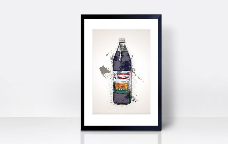 May include: A vintage-style illustration of a glass bottle of Barr's Irn-Bru, a Scottish soft drink. The bottle is depicted in a dark purple color with a white label featuring the brand name and logo. The background is a light gray with splashes of paint.