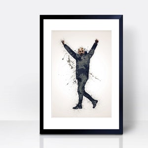 May include: A black and white digital illustration of a person with their arms raised in the air. The person is wearing a dark jacket and pants. The background is white with black splatters of paint.