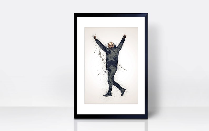 May include: A black and white digital illustration of a person with their arms raised in the air. The person is wearing a dark jacket and pants. The background is white with black splatters of paint.