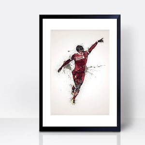 May include: A black and white digital illustration of a soccer player in a red jersey with white accents, celebrating a goal. The player is in mid-air with their arms outstretched and a splash of paint behind them.