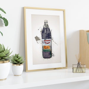 May include: A framed print of a vintage-style illustration of a glass bottle of "Black's" soda. The bottle is purple and green with white text and a red logo. The background is a light beige with splatters of paint.