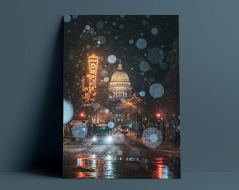 Snowy Madison Wisconsin Capitol Poster, State Street Photography Print