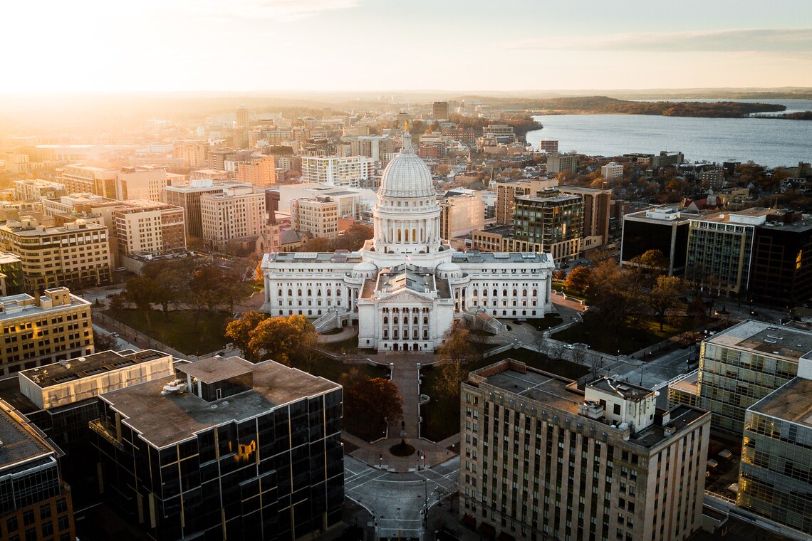 Downtown Madison Skyline and Wisconsin Capitol During Sunset in Madison, Wisconsin HORIZONTAL