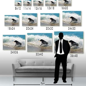 May include: A black Labrador Retriever runs through the ocean waves, chasing a blue ball. The dog is in the water, with the waves crashing around it. The dog is running towards the right side of the image. The dog is wet and has a happy expression on its face. The background is a blue ocean with white waves. The image is a photo of a dog playing in the ocean.