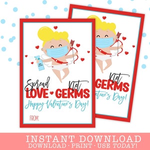 PRINTABLE Classroom Valentines Spread Love Not Germs Gift Tag Card | Digital Valentines | Friend PTA Teacher | Instant Download