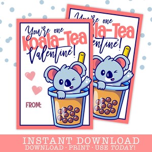 PRINTABLE Classroom Valentines Koala-Tea Valentine Gift Tag Card | Digital Valentines | Cute Koala | Friend PTA Teacher | Instant Download