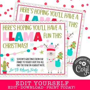 May include: A Christmas card featuring a llama wearing a pink hat and a blue scarf. The card has a red, white, and green color scheme and says "Here's hoping you'll have a llama fun this Christmas!" with a message from the Rodriguez family.