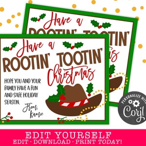 May include: A green and white printable Christmas card with a cowboy hat and the text "Have a Rootin' Tootin' Christmas". The card also includes the text "Hope you and your family have a fun and safe holiday season. From, Kamie".