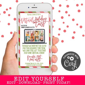May include: A digital invitation for a virtual holiday toast hosted by Andre & Marisa Acosta. The invitation features a festive red and green color scheme with a cartoon image of people on a video call. The text on the invitation reads "Virtual Holiday Toast" and includes the date and time of the event, December 25th at 8 pm MST. The invitation also includes the Zoom meeting ID and password. The invitation is personalized with the text "Personalize with Coril".