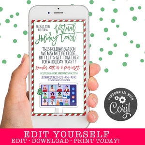 Puede incluir: Una invitaci&oacute;n imprimible para un brindis virtual de Navidad. La invitaci&oacute;n presenta un borde rojo y blanco a rayas con un &aacute;rbol de Navidad verde y una pantalla de computadora que muestra un grupo de personas en una videollamada. El texto de la invitaci&oacute;n dice "Virtual Holiday Toast" e incluye la fecha, la hora y la informaci&oacute;n de la reuni&oacute;n de Zoom. La invitaci&oacute;n est&aacute; personalizada con el texto "Personalizar con Coril".
