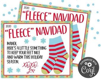 PRINTABLE Fleece Navidad Christmas Editable Gift Tag for Socks | Family Friend Teacher School Staff Employee Holiday | Corjl Edit Yourself