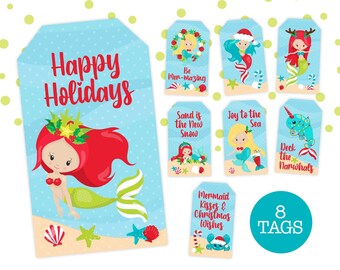 PRINTABLE Christmas Mermaids Gift Tags | Set of 8 | Instant Download | Mermaid Kisses | Gift Exchange Friend Teacher School Staff Holiday