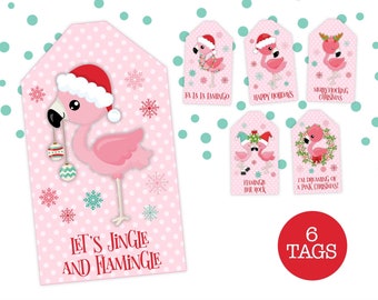 PRINTABLE Christmas Flamingos Gift Tags | Set of 6  | Instant Download | Gift Exchange Friend Teacher School Staff Holiday