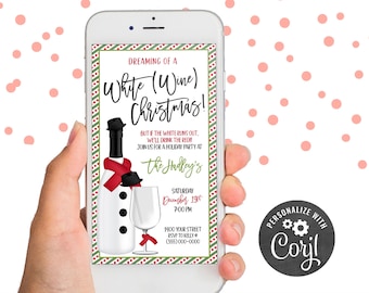 Dreaming of White (Wine) Christmas Party Digital Invitation | Wine Lovers Holidays Snow Get Together | Corjl Edit Yourself