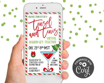 Tinsel & Tinis (Virtual) Christmas Party Digital Invitation | Martini Lovers Holidays Get Together | Corjl Edit Yourself