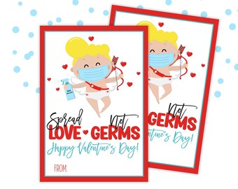 Puede incluir: Una tarjeta de San Valentín imprimible con un Cupido de dibujos animados que lleva una máscara facial y sostiene un arco y una flecha. La tarjeta dice "Spread Love Not Germs Happy Valentine's Day!"